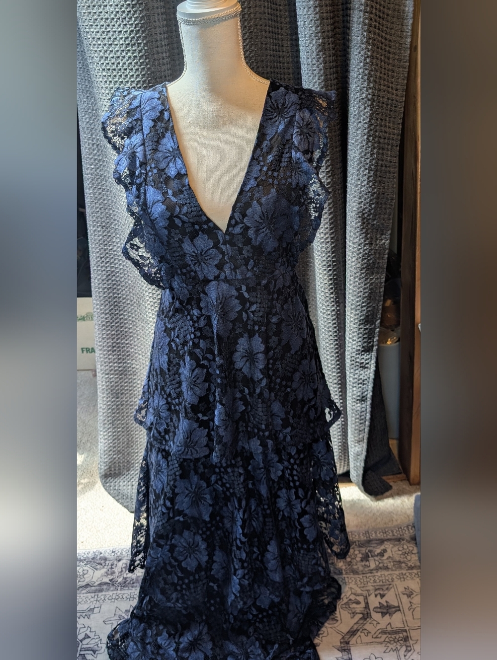 Lulu's Navy Blue Floral Lace V-Neck Tiered Ruffle Dress